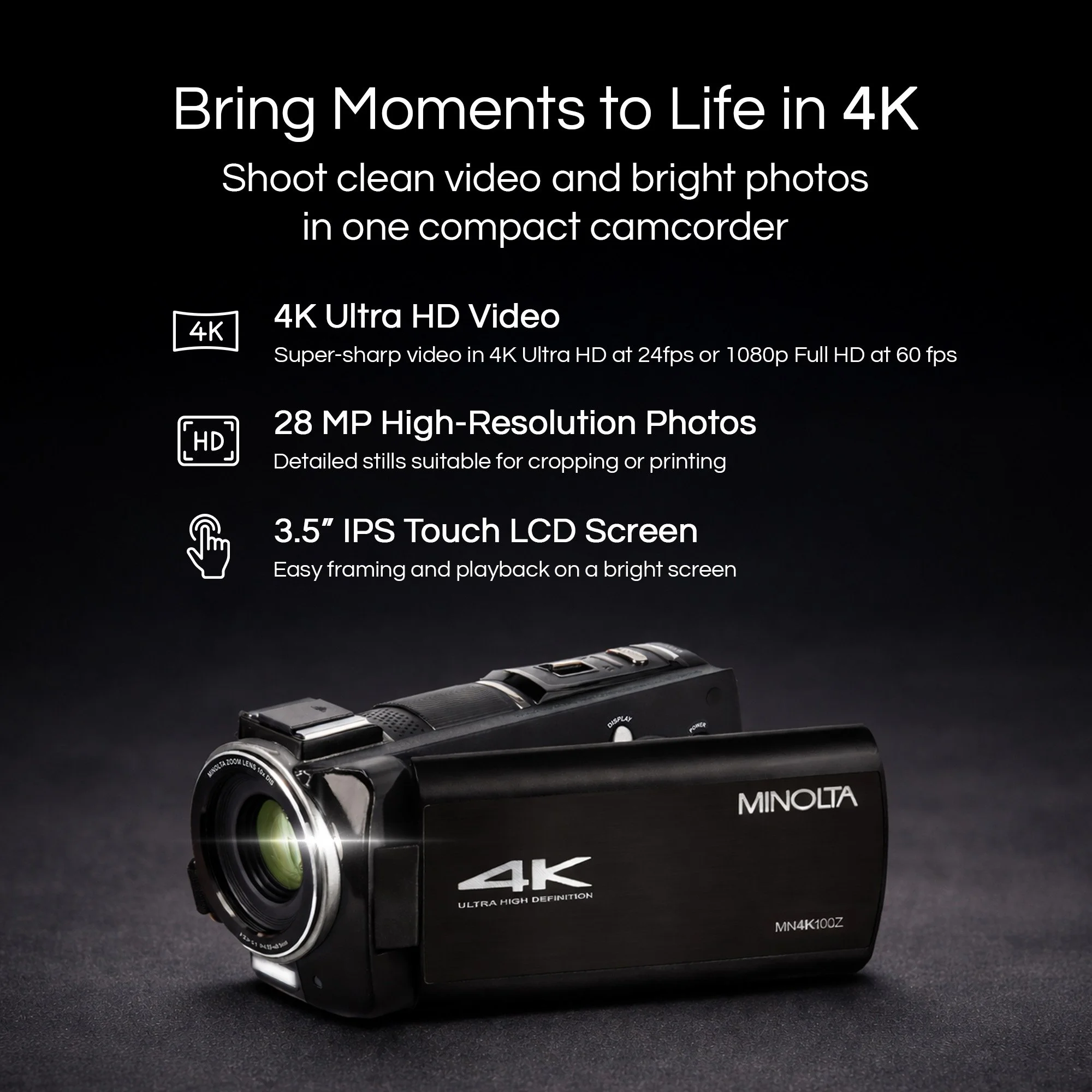 MN4K100Z 4K Ultra HD Camcorder w/10x Optical Zoom — Minolta Digital